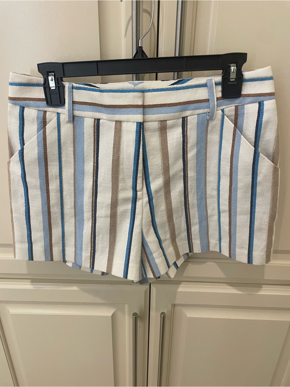 DREW Striped Cotton Blend Shorts in White, Blue & Brown with gold accent stripes